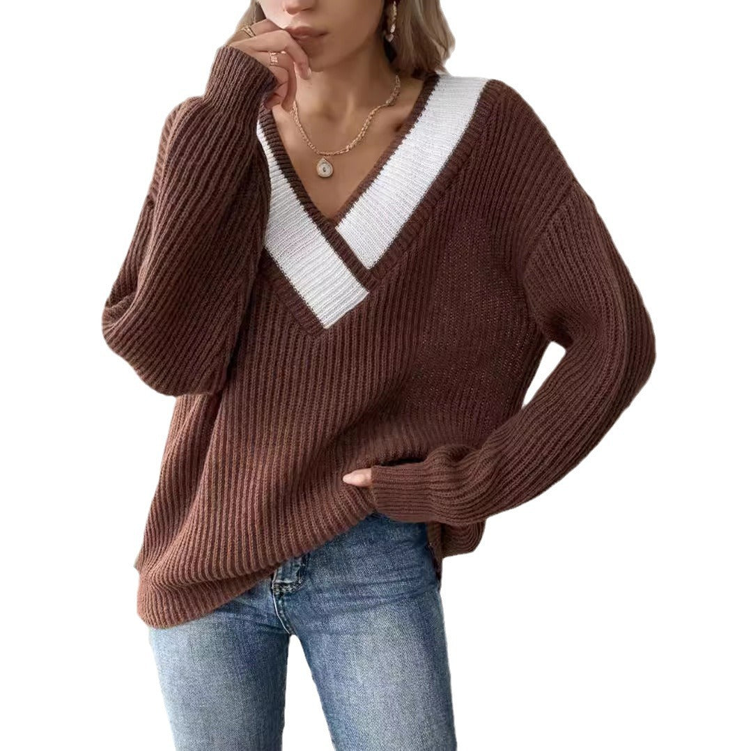 Pull-over V ample pour dames avec un design en tricot côtelé texturé Chic und Stil