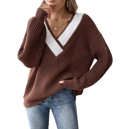 Pull-over V ample pour dames avec un design en tricot côtelé texturé Chic und Stil