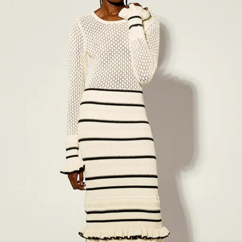 Robe maxi en tricot pour femmes avec un motif en losanges raffiné et une rayure contrastante Chic und Stil