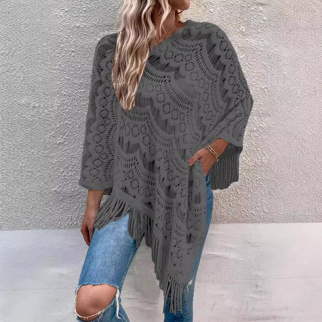 Dames Élegant Poncho en Crochet avec Franges Chic und Stil