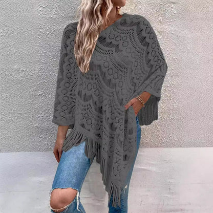Dames Élegant Poncho en Crochet avec Franges Chic und Stil