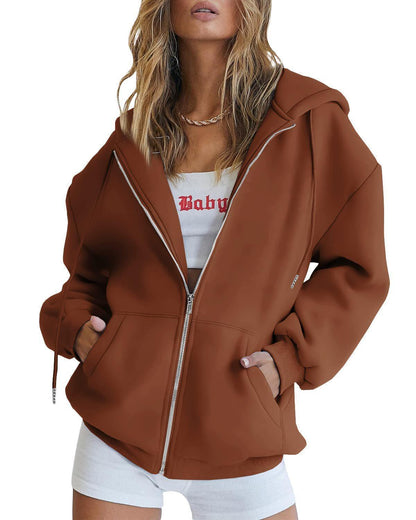 Dames décontracté Zip-Hoodie avec une grande capuche et des poches pratiques Chic und Stil