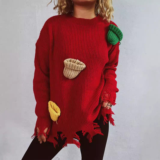 Pull over-sized décontracté pour femmes avec des détails frangés et des appliques colorées Chic und Stil