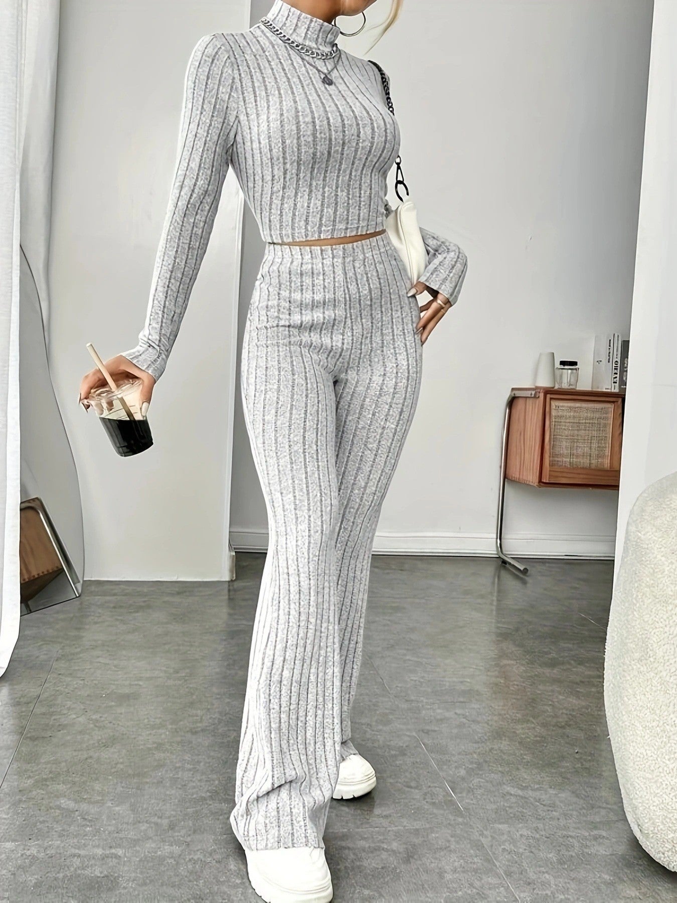 Casual women's clothing in crop-top and flared pants set Chic and Style