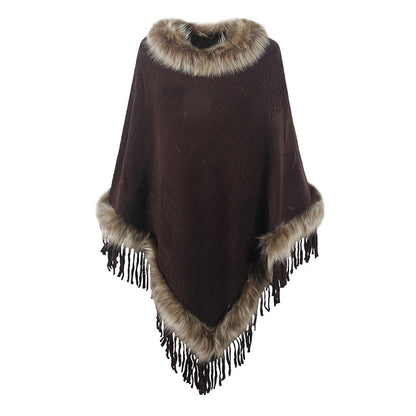 Dames élégant poncho avec col en fausse fourrure luxueuse et franges décadentes Chic und Stil