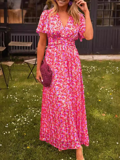 Robe maxi femme avec fronces florales et décolleté en V Chic und Stil