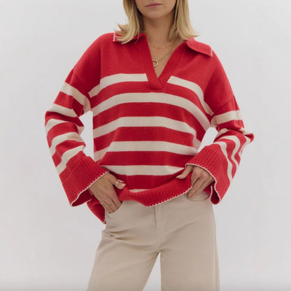 Pulls en tricot douillets pour femmes avec un motif rayé moderne et un décolleté en V Chic und Stil