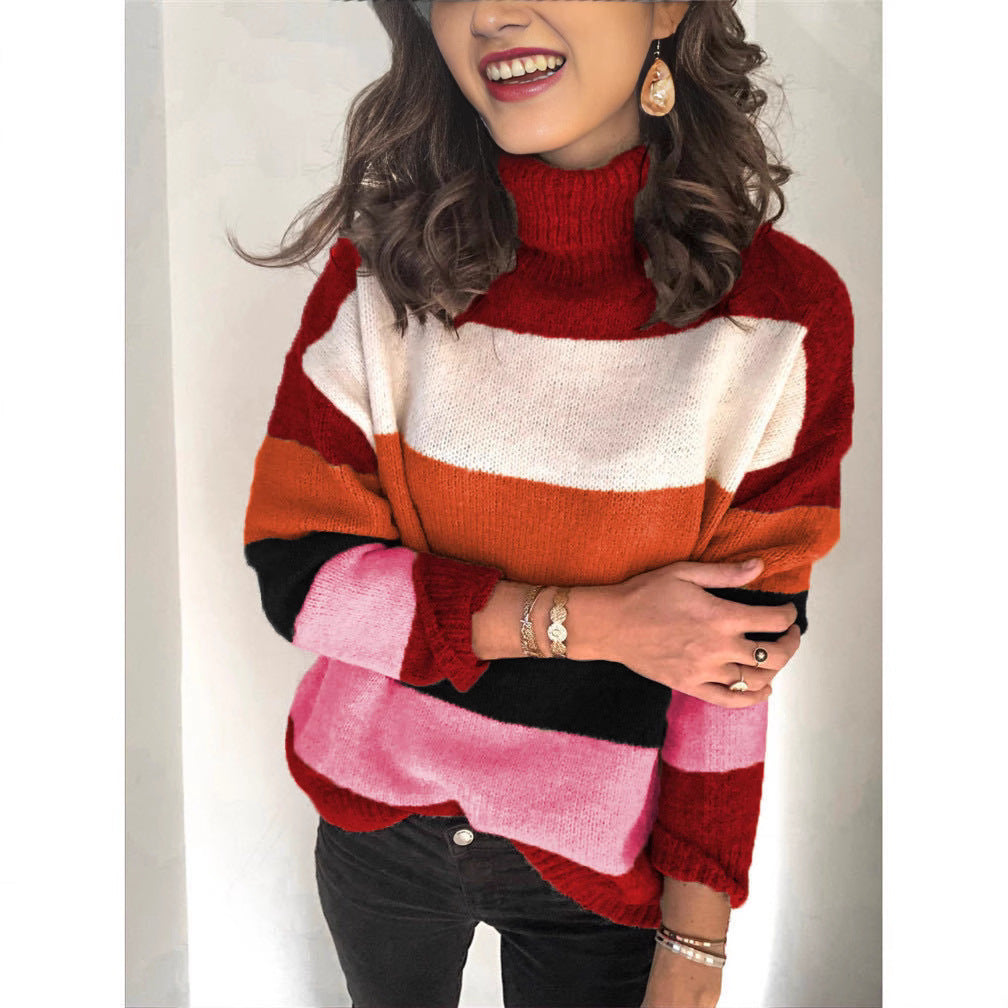 Pull en tricot tendance pour femmes avec col roulé décontracté et design à blocs de couleurs Chic und Stil