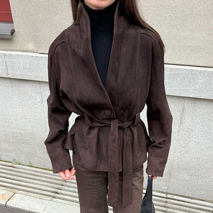 Blazer en suède élégant et à la mode pour femmes avec ceinture Chic und Stil
