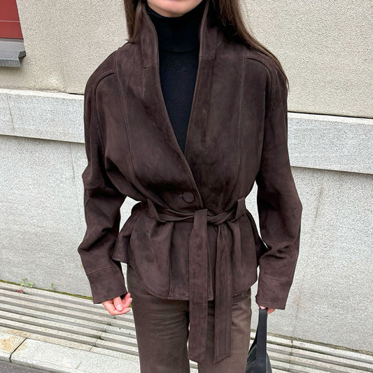 Blazer en suède élégant et à la mode pour femmes avec ceinture Chic und Stil
