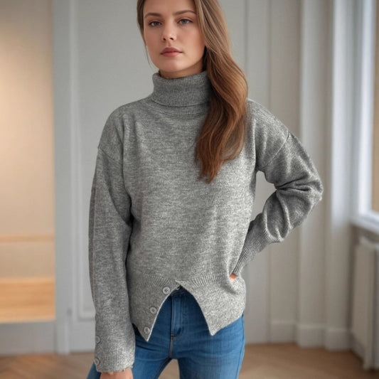 Pull col roulé tendance pour femmes avec détails de boutons et ourlet asymétrique Chic und Stil
