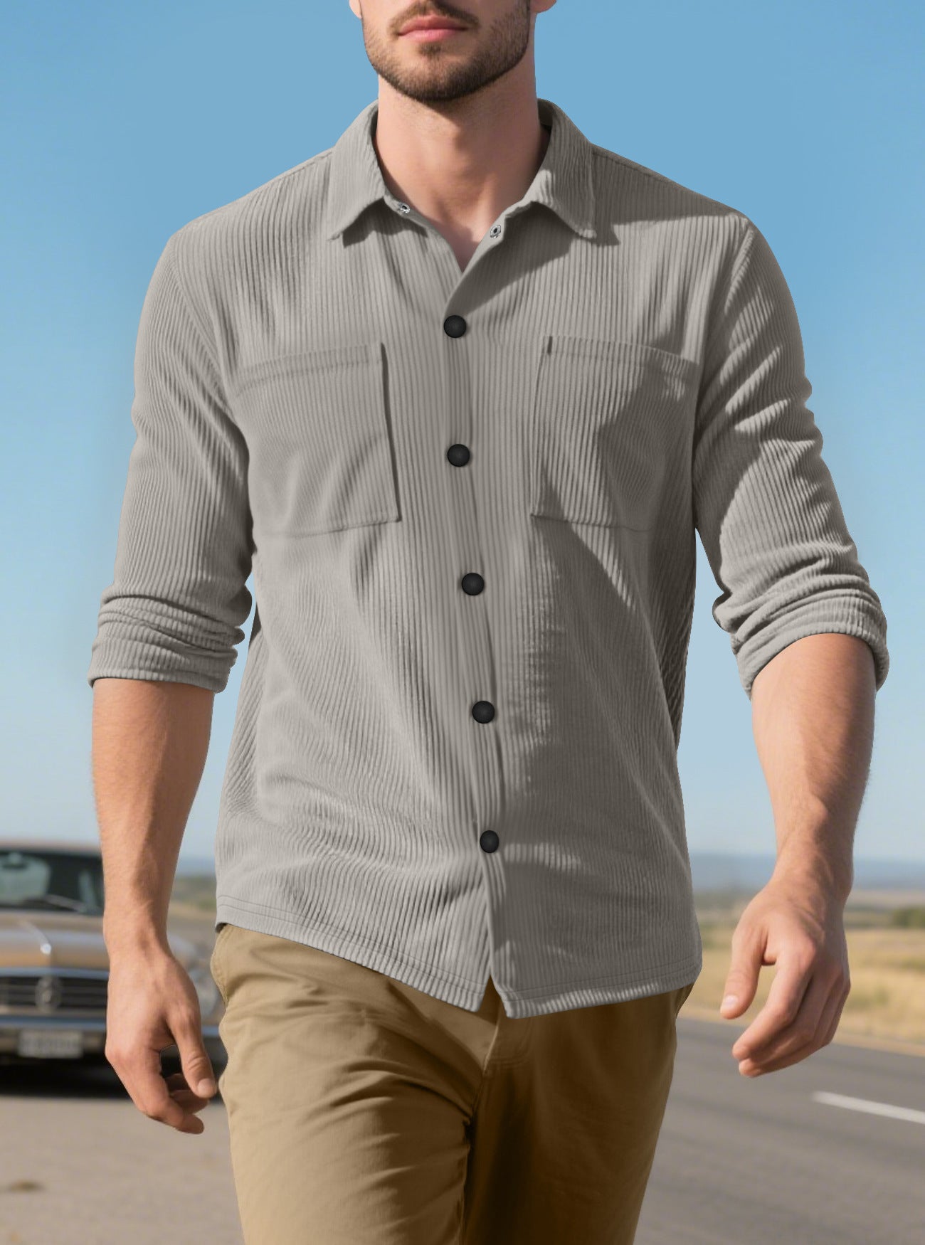 Chemise à manches longues pour hommes avec motif en corduroy texturé et poches poitrines pratiques Chic und Stil