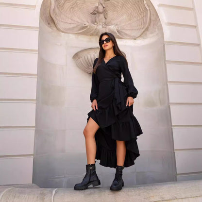 Women's Chic and Elegant Ruffle Wrap Dress with Asymmetrical Hem