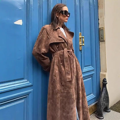 Ladies Elegant Mid-Length Trench Coat in Faux Leather Chic and Style