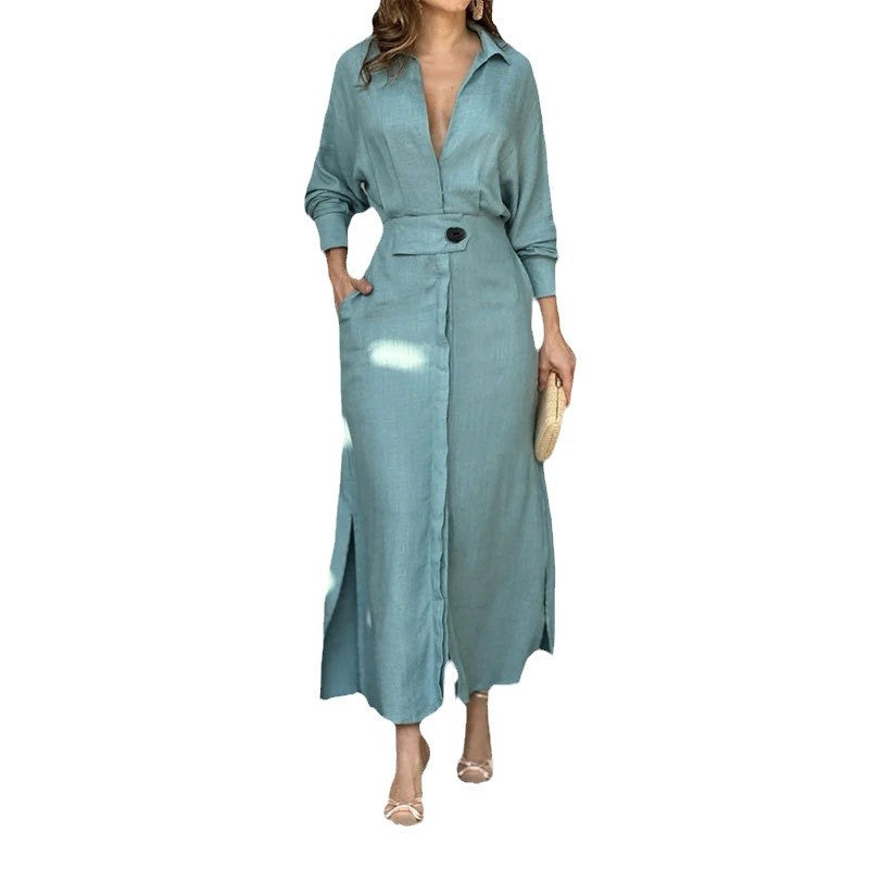 Robe maxi femme en lin léger avec élégante patte de boutonnage et fentes latérales pratiques Chic und Stil