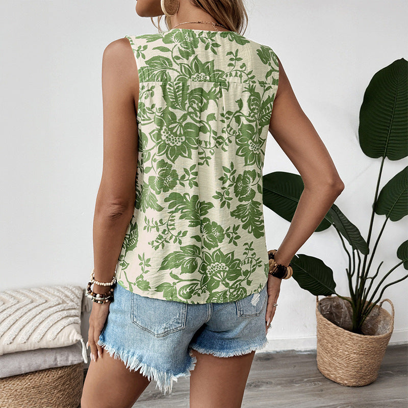 Dames Floral Plissé Trou de Clé Débardeur Chic und Stil