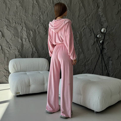 Women's sporty lounge set with comfortable hoodie and chic wide leg pants style