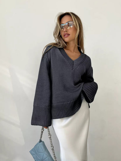 Dames Pull en tricot léger à col en V Chic und Stil