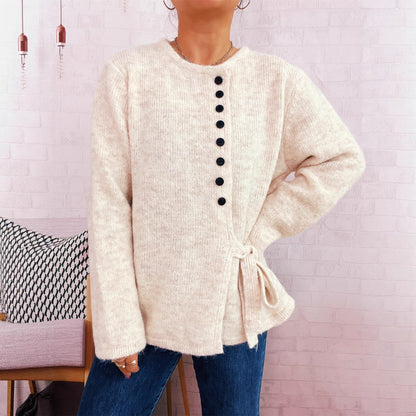 Dames Pull en V laine douillet avec ceinture élégante et détails de boutons modernes Chic und Stil
