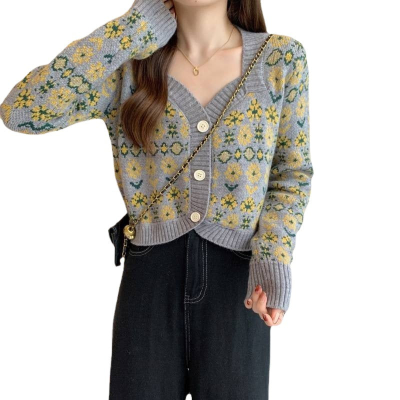 Dames jeu tricoté veste à fleurs avec larges bords Chic und Stil