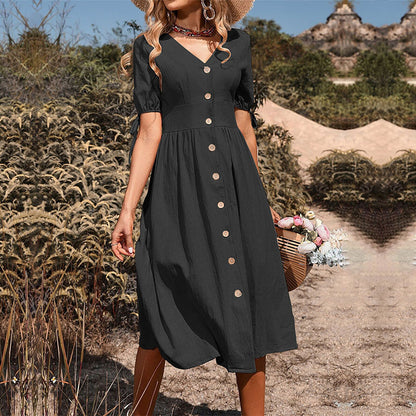 Robe midi A-ligne à boutons pour dames avec liens