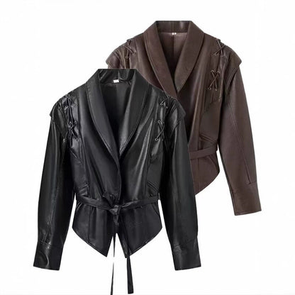 Dames élégant veste en simili cuir avec ceinture ajustable et détails de lacets décoratifs Chic und Stil