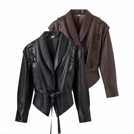 Dames élégant veste en simili cuir avec ceinture ajustable et détails de lacets décoratifs Chic und Stil
