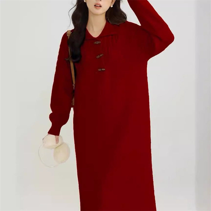 Robe tricotée pour femmes avec col et détails de boutons Chic und Stil