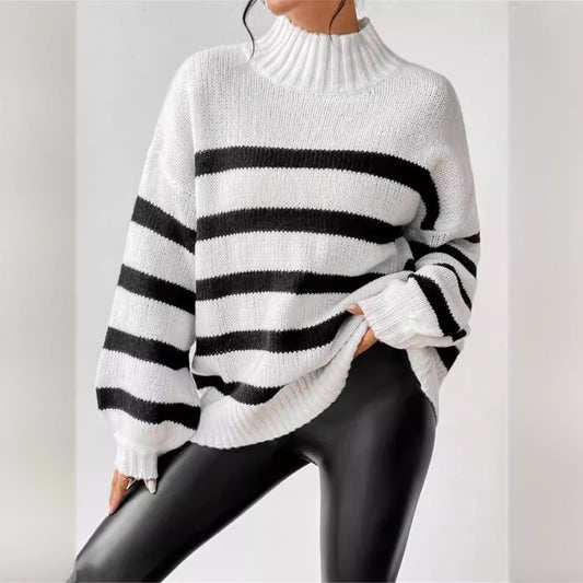 Dames gros tricot pull avec des rayures à la mode et un grand col Chic und Stil
