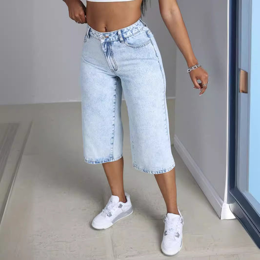 Culottes en denim larges pour dames avec effet de lavage à la mode Chic und Stil