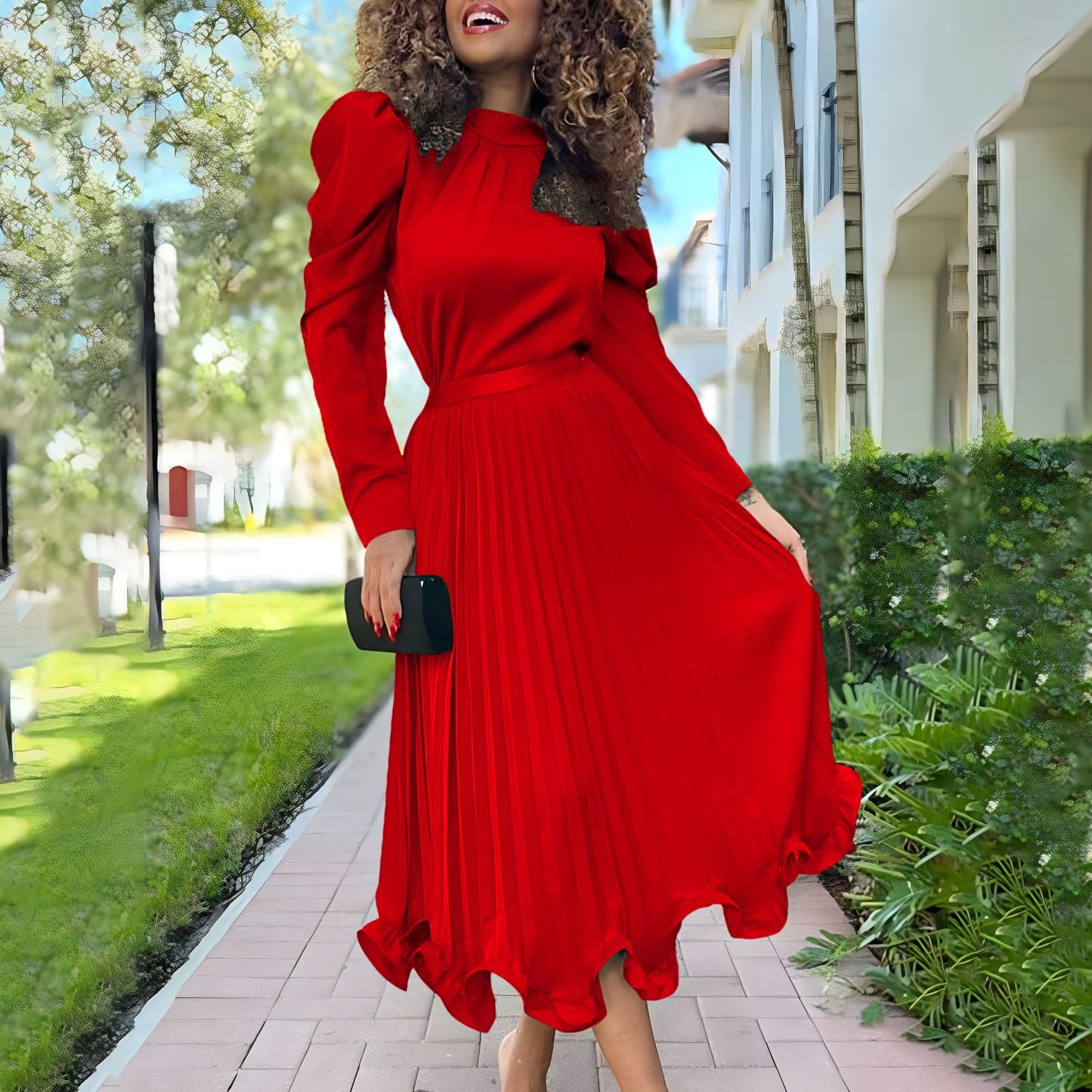 Dames Élégante Robe Midi avec Col Montant et Design Plissé Chic und Stil