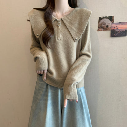 Dames pull tendance avec fermeture éclair originale et grand col Chic und Stil