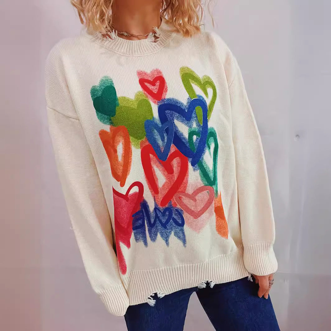 Pull ample de loisirs pour femmes avec motif de cœur coloré et coupe décontractée Chic und Stil