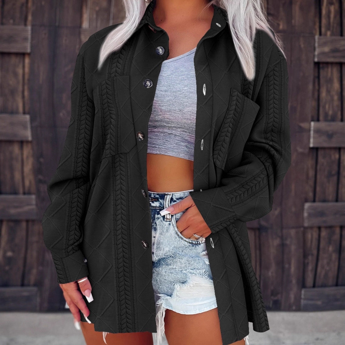 Blouse longue tendance pour femmes avec design texturé et poches pratiques Chic und Stil