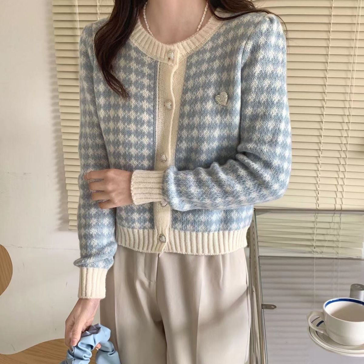 Dames pull-overs en maille à boutons en tartan Chic und Stil