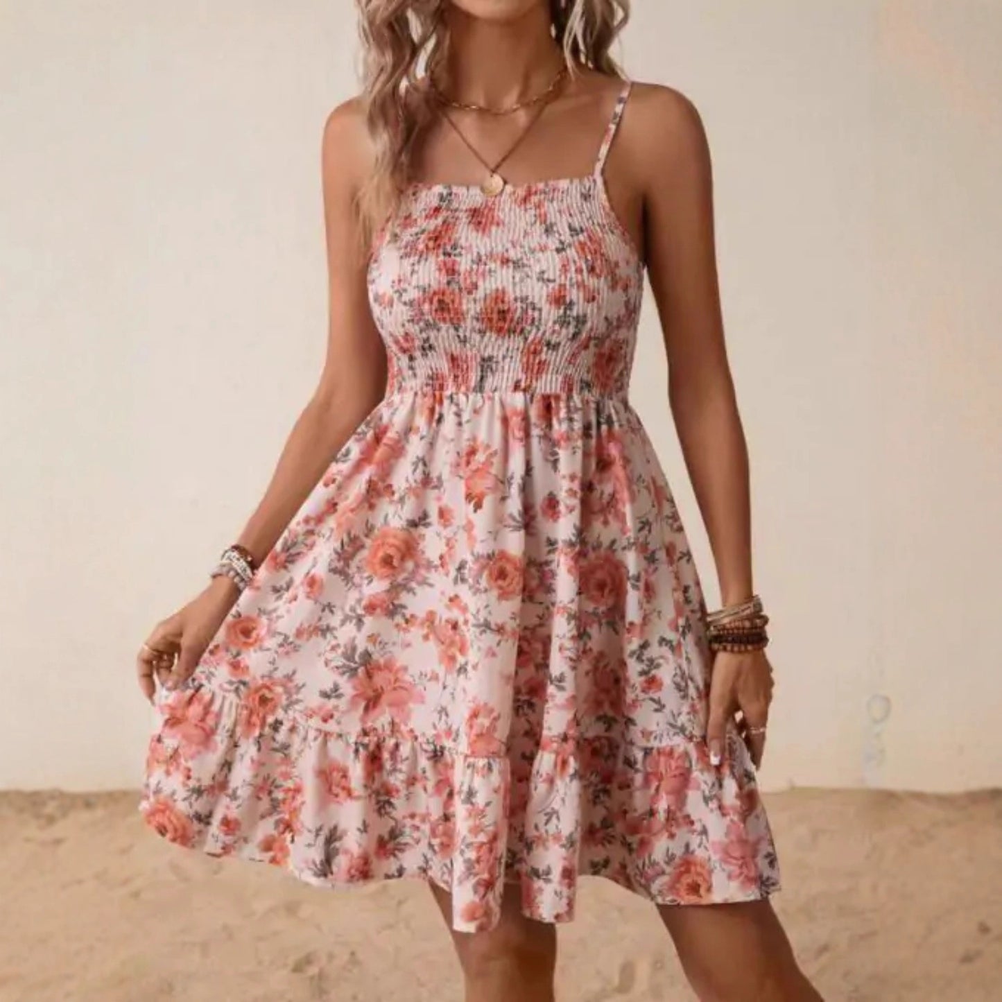 Robe d'été florale pour femmes avec jupe en A et bretelles spaghetti Chic und Stil