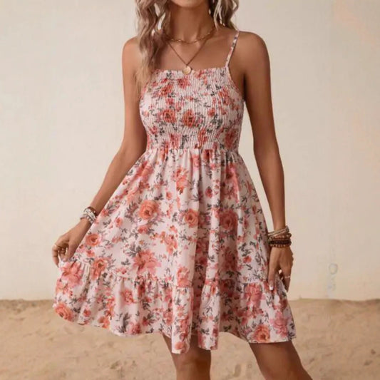 Robe d'été florale pour femmes avec jupe en A et bretelles spaghetti Chic und Stil