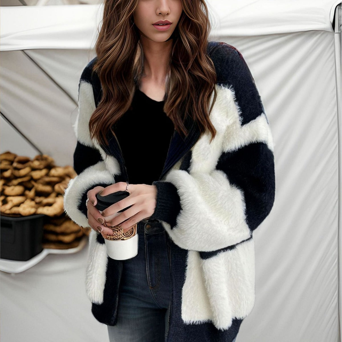 Dames Gros Tricot Cardigan avec motif rayé à la mode Chic und Stil