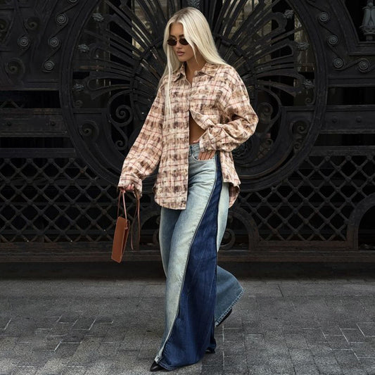 Chemise oversize pour femmes avec un motif à carreaux décontracté et des manches fendues Chic und Stil