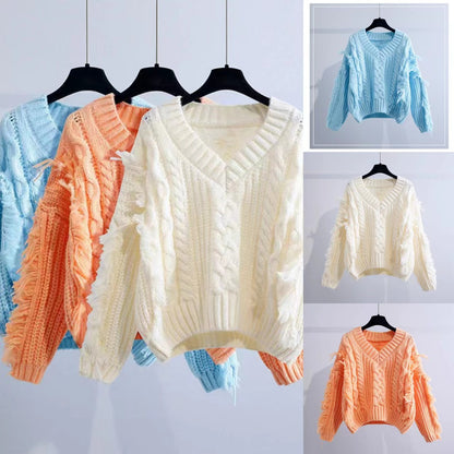 Dames gros tricot pull avec franges et décolleté en V Chic und Stil