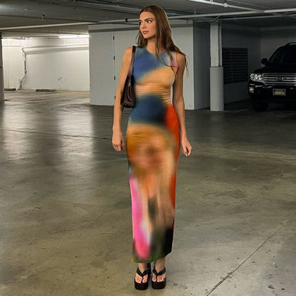 Femmes Robe Maxi Bodycon Imprimé Abstrait Chic und Stil