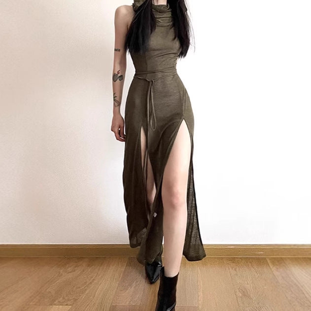 Dames Élégante Robe Maxi avec Haute Fente et Capuche Chic und Stil
