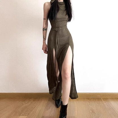 Dames Élégante Robe Maxi avec Haute Fente et Capuche Chic und Stil
