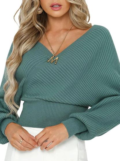 Pull femme décontracté à col en V avec des manches larges et une texture côtelée Chic und Stil