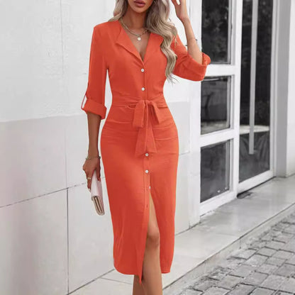 Robe chemise midi pour femmes avec ceinture à la taille Chic und Stil