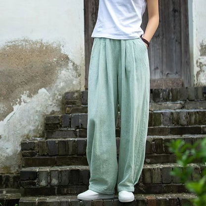 Wide linen pants for ladies with elastic waistband and side pockets Chic und Stil