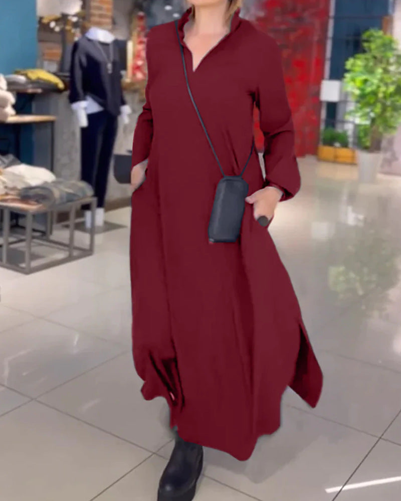 Dame Élégante robe chemise longue avec poches latérales pratiques et col Chic und Stil