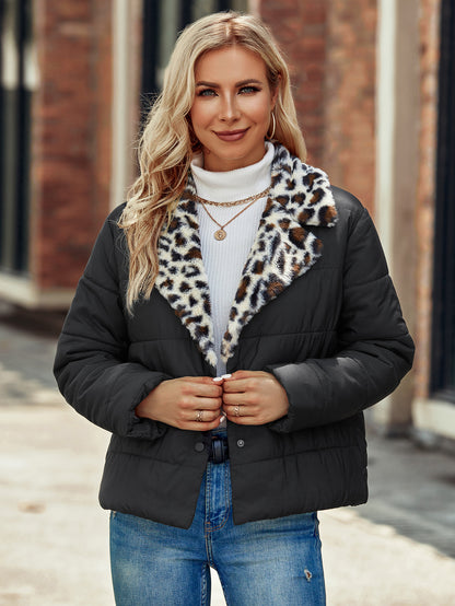Ladies Fashion Quilted Jacket with Leopard Collar Chic and Style