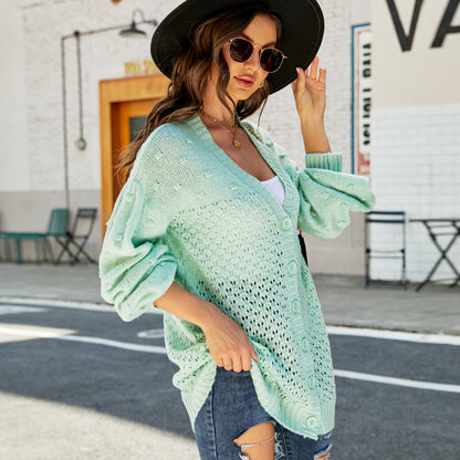 Dames cardigan en tricot léger avec patte de boutonnage et manches ballon confortables Chic und Stil