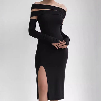 Dames élégante robe maxi avec décolleté off-shoulder et longue fente Chic und Stil